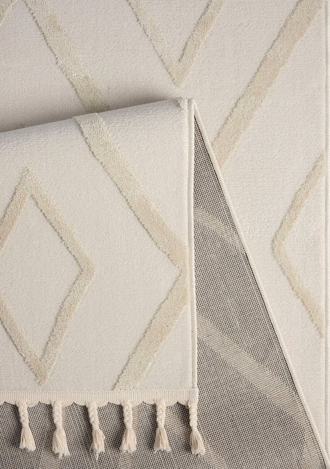 OTTO home Teppich Otilie, rechteckig, Höhe: 11 mm, dichte Qualität, Woll-Look, Boho, mit Fransen und Rauten, Scandi – Bild 5 von 5