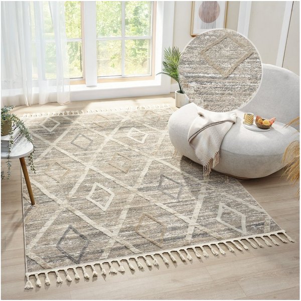 OTTO home Teppich Otilie, rechteckig, Höhe: 11 mm, dichte Qualität, Woll-Look, Boho, mit Fransen und Rauten, Scandi
