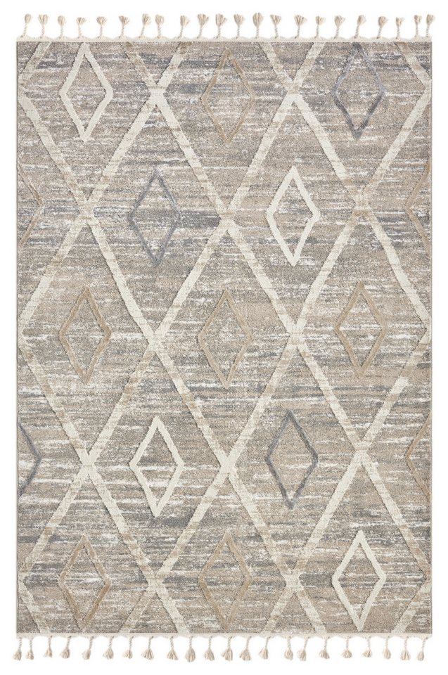 OTTO home Teppich Otilie, rechteckig, Höhe: 11 mm, dichte Qualität, Woll-Look, Boho, mit Fransen und Rauten, Scandi – Bild 2 von 5