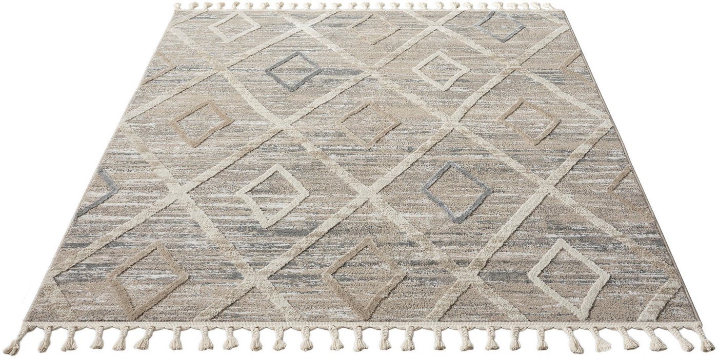 OTTO home Teppich Otilie, rechteckig, Höhe: 11 mm, dichte Qualität, Woll-Look, Boho, mit Fransen und Rauten, Scandi – Bild 3 von 5