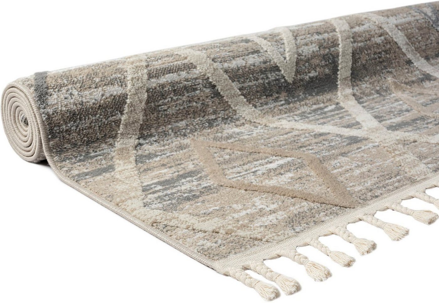 OTTO home Teppich Otilie, rechteckig, Höhe: 11 mm, dichte Qualität, Woll-Look, Boho, mit Fransen und Rauten, Scandi – Bild 4 von 5