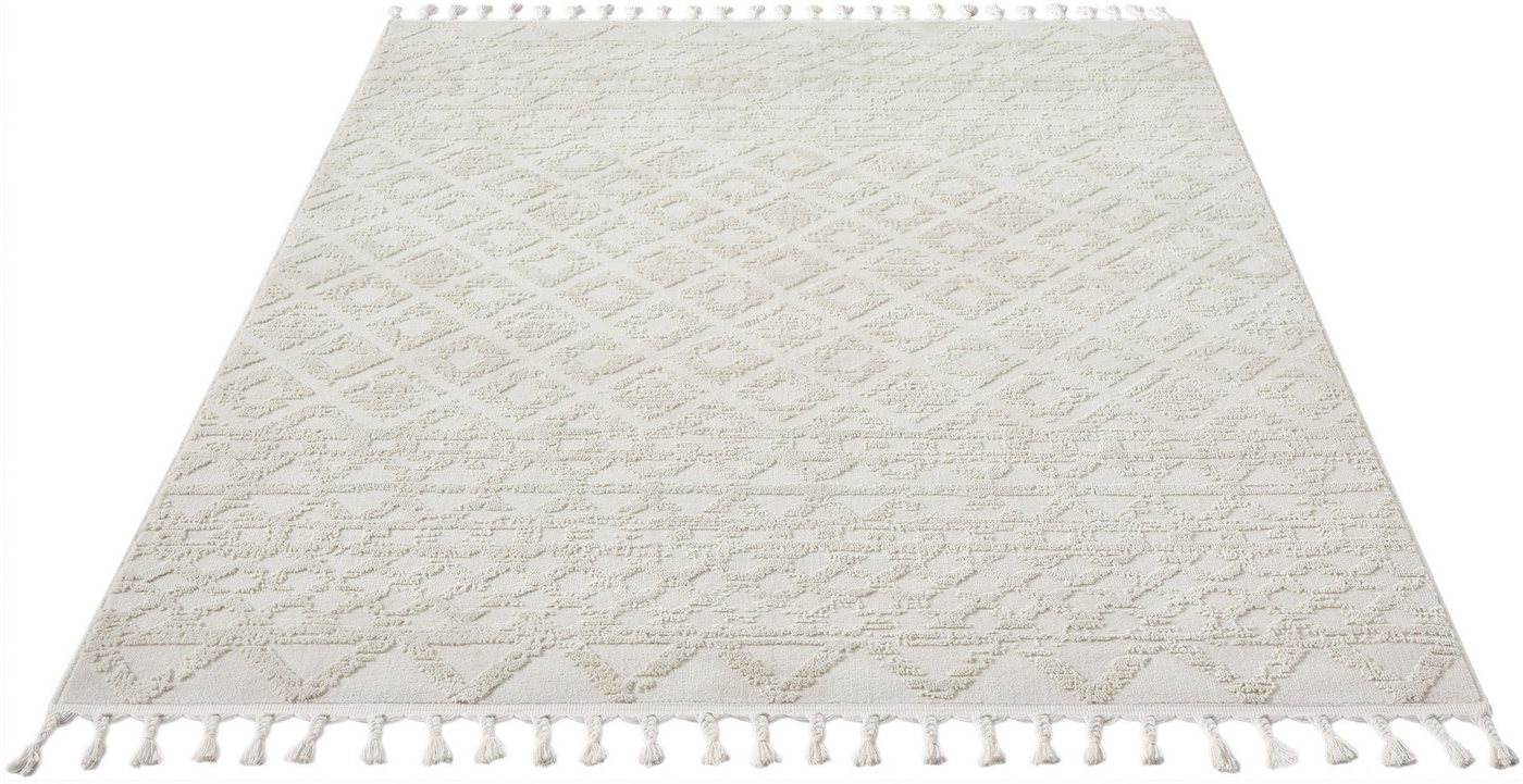 OTTO home Teppich Ribeyret, rechteckig, Höhe: 11 mm, mit Fransen, Hoch-Tief-Struktur, Woll-Look, Boho-Style, Wohnzimmer – Bild 3 von 5