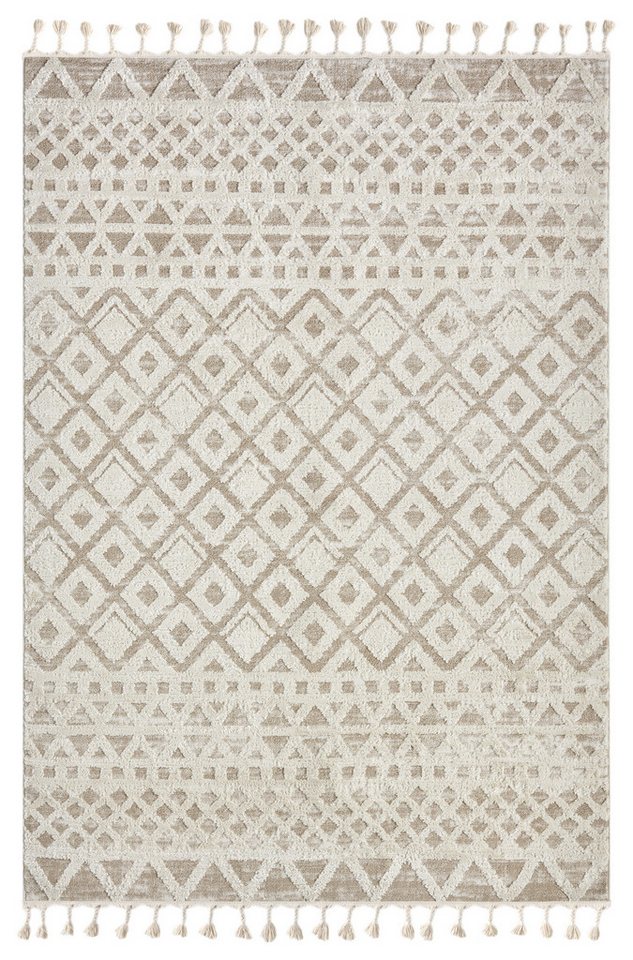 OTTO home Teppich Ribeyret, rechteckig, Höhe: 11 mm, mit Fransen, Hoch-Tief-Struktur, Woll-Look, Boho-Style, Wohnzimmer – Bild 2 von 5