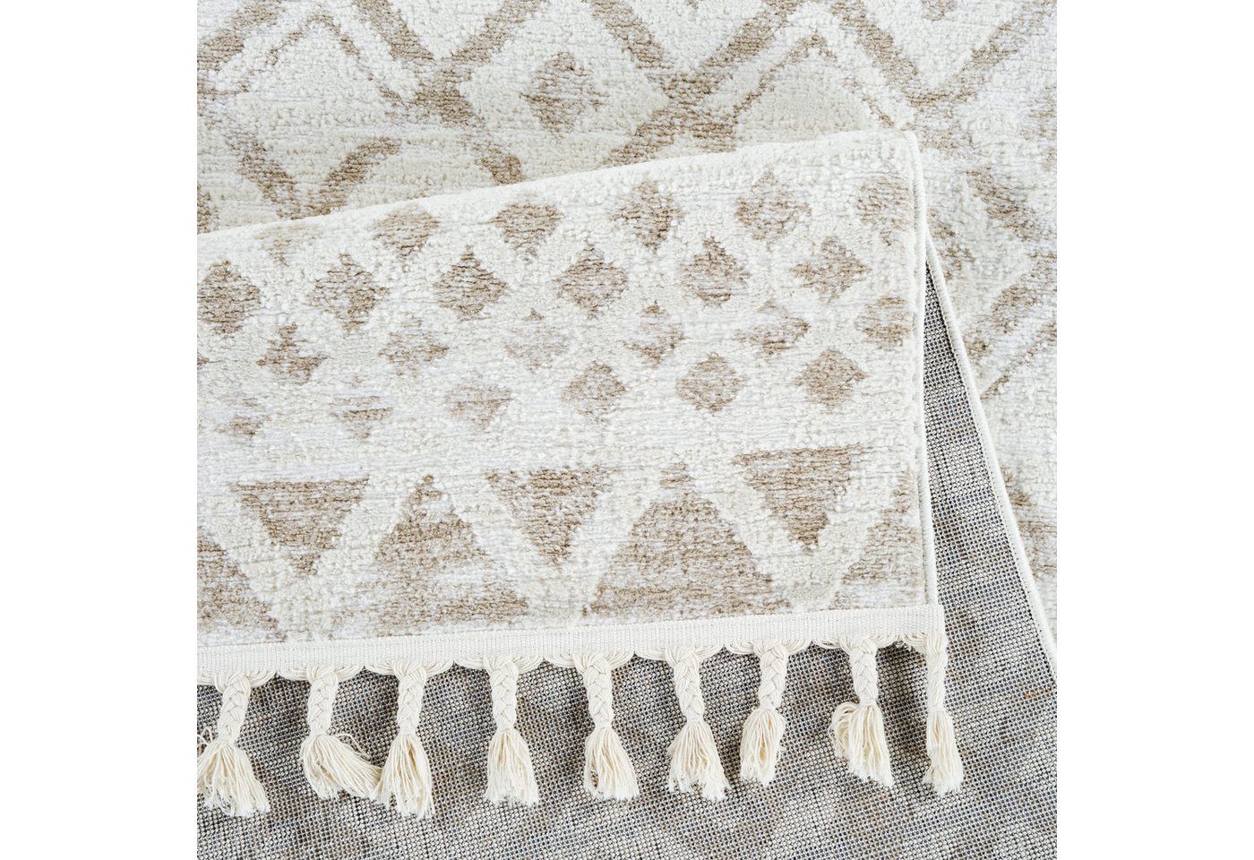 OTTO home Teppich Ribeyret, rechteckig, Höhe: 11 mm, mit Fransen, Hoch-Tief-Struktur, Woll-Look, Boho-Style, Wohnzimmer – Bild 5 von 5