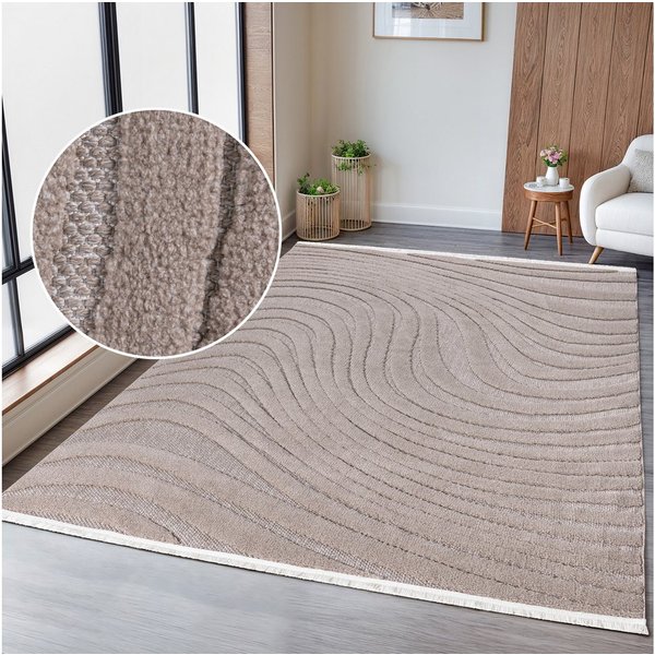 OTTO home Teppich Samelia mit Fransen, Wellendesign, Balkon, Camping, rechteckig, Höhe: 6 mm, Hoch-Tief-Struktur, In- und Outdoor geeignet für Küche oder Esszim
