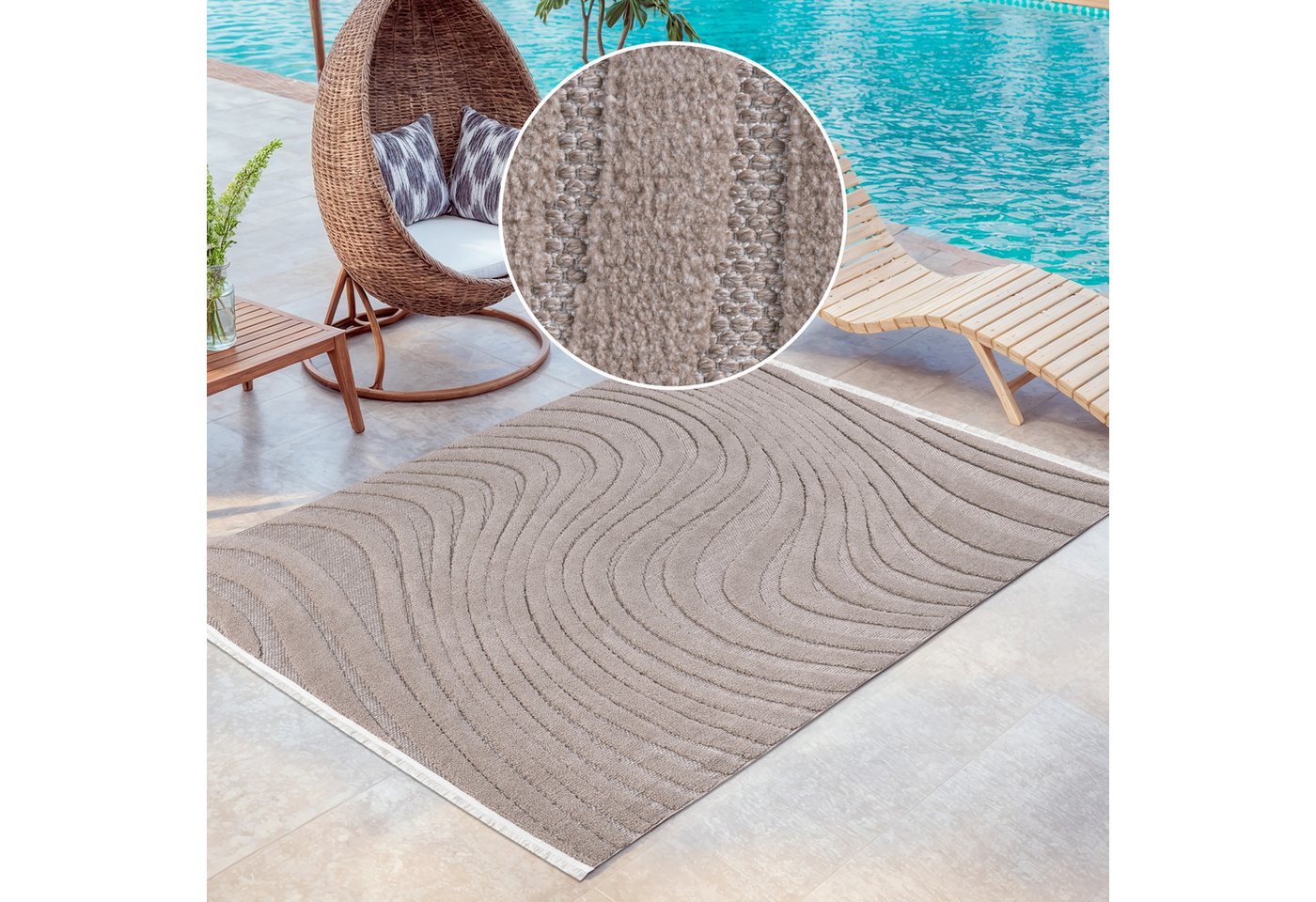 OTTO home Teppich Samelia mit Fransen, Wellendesign, Balkon, Camping, rechteckig, Höhe: 6 mm, Hoch-Tief-Struktur, In- und Outdoor geeignet für Küche oder Esszim – Bild 2 von 5