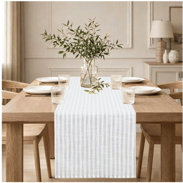 OTTO home Tischläufer Marric, 1 Stück, halbtransparent, Leinenoptik, Deko (Packung 1-tlg), halbtransparenter Tischläufer, Leinenoptik mit Streifen