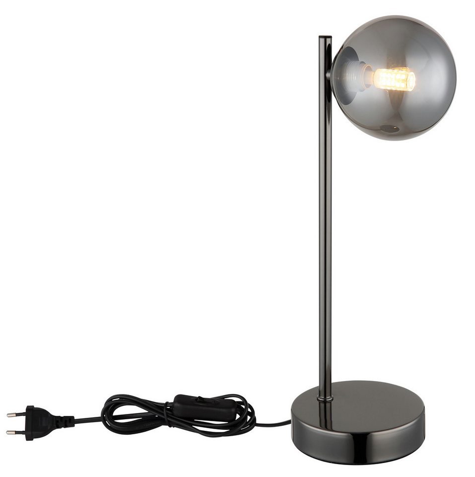 OTTO home Tischleuchte Aivven, Metall schwarz-chromfarben, rauchfarbenes Glas, ohne Leuchtmittel, Wippschalter am Kabel, 150 cm Kabellänge, 1x LED exkl., Ø 12cm – Bild 5 von 5