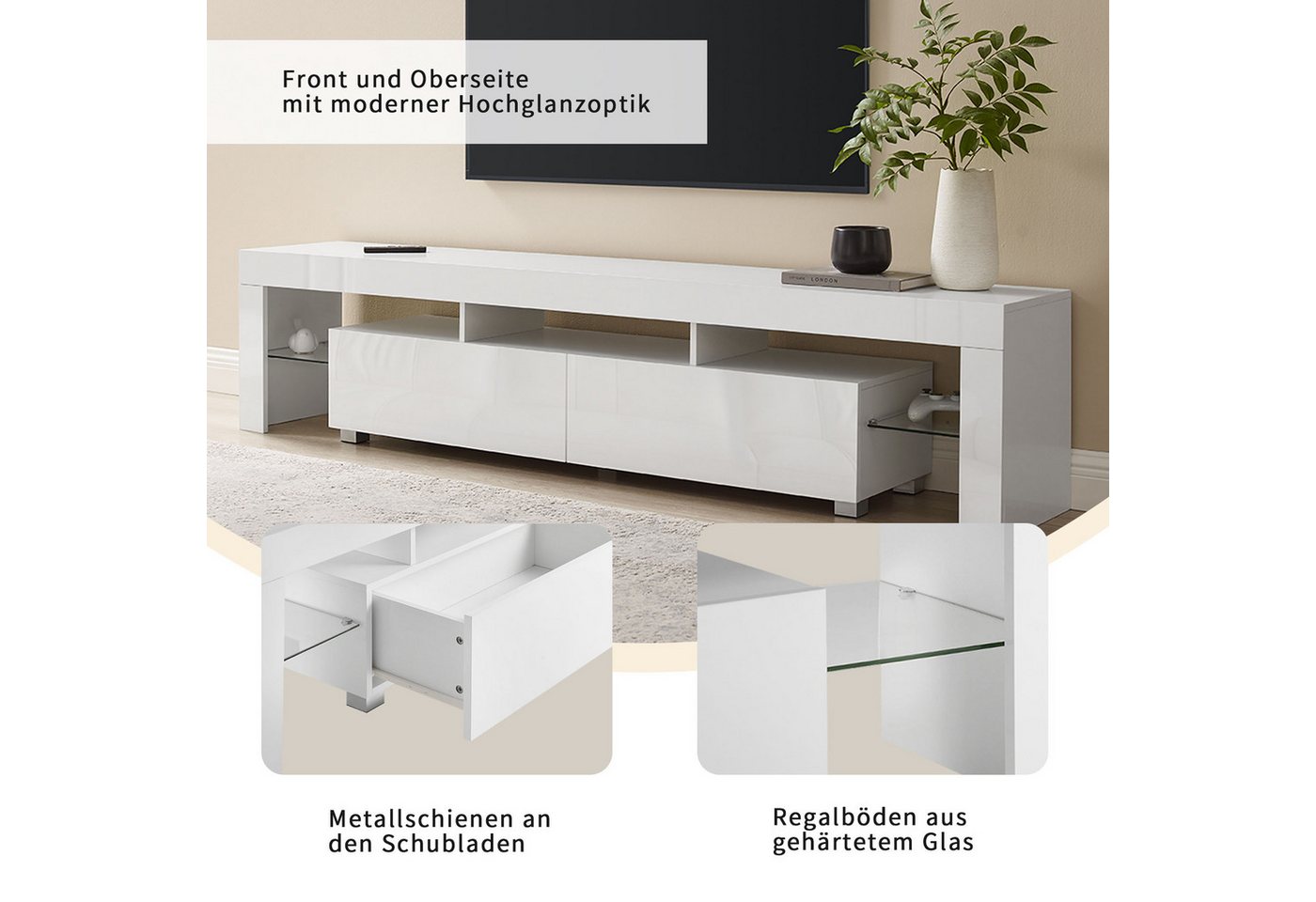 OTTO home TV-Board Cassy, Hochglanz-Fronten, viel Stauraum und Metallschienen, Breite 200 cm – Bild 4 von 5