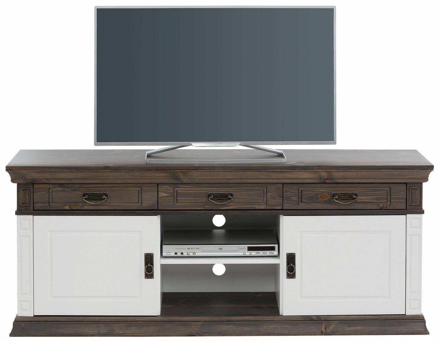 OTTO home TV-Board Vinales, Sideboard, Kommode, 3 Schubkästen, 4 Fächer (B/T/H:158/39/65 cm), Messinggriffe im Jugendstil, Zierleiste und eleganter Sockel – Bild 4 von 5