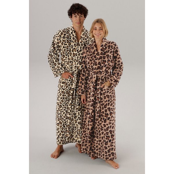 OTTO home Unisex-Bademantel Leo, ideal für Sauna, Spa & im Urlaub, modern, extra lang, Langform, Microfaser, Schalkragen, Gürtel, Animal Print, weich und kusche