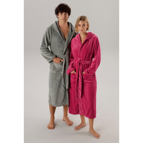 OTTO home Unisex-Bademantel Miia, ideal für Sauna, Spa & im Urlaub, Langform, Microfaser, Kapuze, Gürtel, weich und kuschelig, plüsch, für Damen und Herren, S-X
