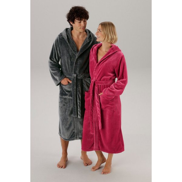 OTTO home Unisex-Bademantel Miia, ideal für Sauna, Spa & im Urlaub, Langform, Microfaser, Kapuze, Gürtel, weich und kuschelig, plüsch, für Damen und Herren, S-X
