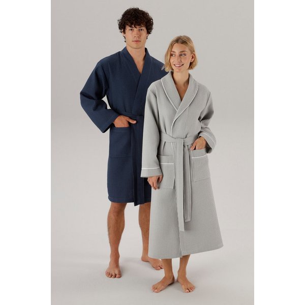 OTTO home Unisex-Bademantel Nora, Standard & Premium, leichte Qualität, ideal für Sauna & Spa, Waffelpiqué, Kimono-Kragen, Gürtel, Damen & Herren, Kimono-Kragen
