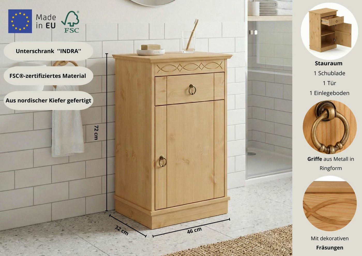 OTTO home Unterschrank Indra, Badschrank, Badmöbel, Badezimmerschrank (B/T/H: 46/32/73 cm) aus massiver Kiefer, mit Schublade, FSC®-zertifiziert – Bild 3 von 5