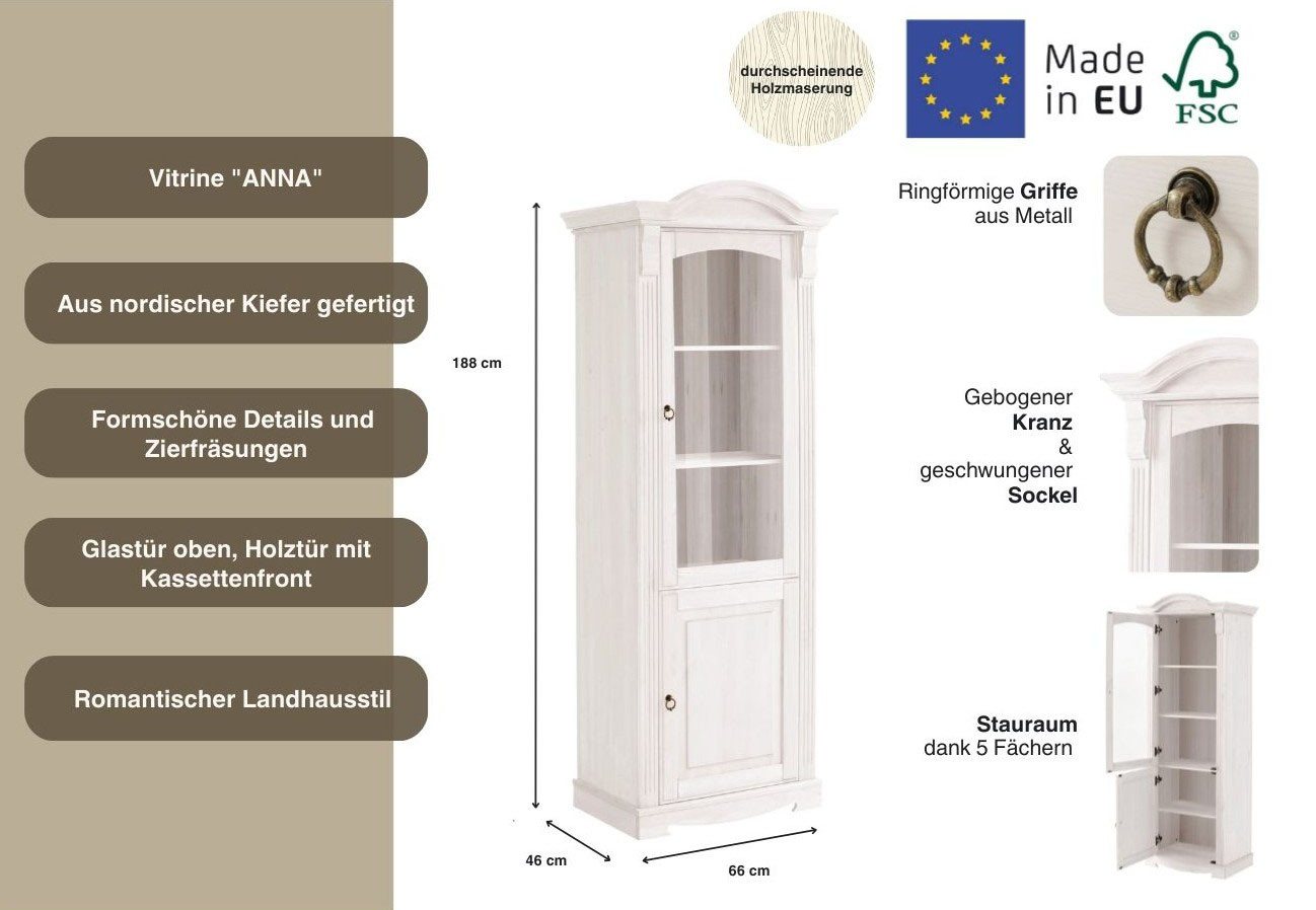 OTTO home Vitrine Anna, Standvitrine, Vitrinenschrank, Glasvitrine (Gesamtmaße (B/T/H): ca. 66/46/188 cm) mit Glastür, Höhe 188 cm, Massivholz, mit Zierfräsunge – Bild 3 von 5