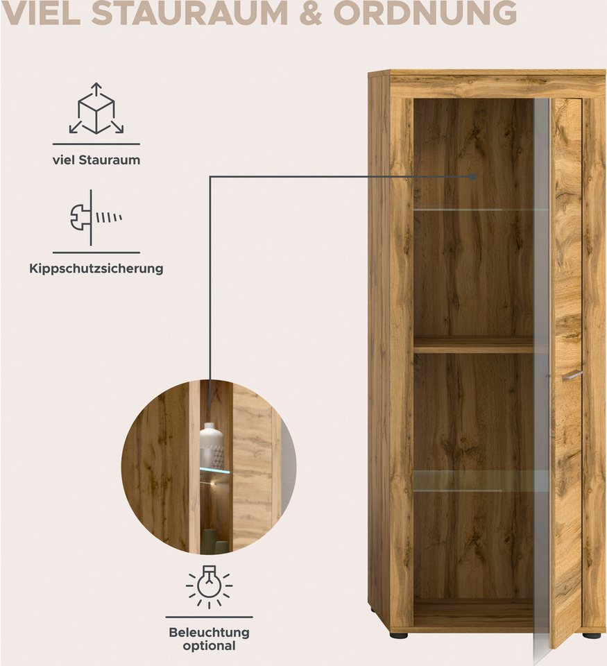 OTTO home Vitrine AOSTA, Höhe 159 cm, 1 Tür (li/re), 2 Glasböden, 4 Fächer (in verschiedenen Farbausführungen, individuell kombinierbar) Standvitrine, Glasvitri – Bild 5 von 5