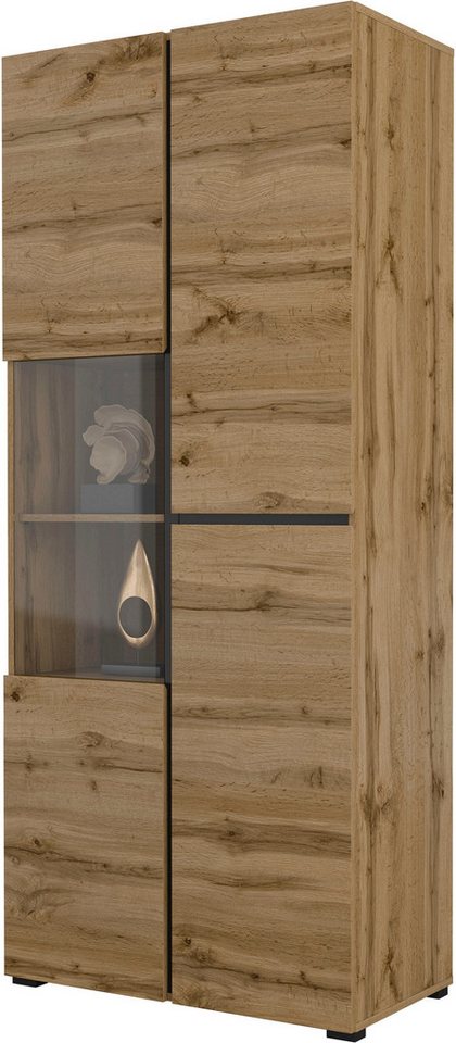 OTTO home Vitrine Cross, Höhe 183,5 cm, moderne grifflose Standvitrine mit 3 Türen Hochschrank mit viel Stauraum, Glastür und verstellbaren Einlegeböden – Bild 3 von 5
