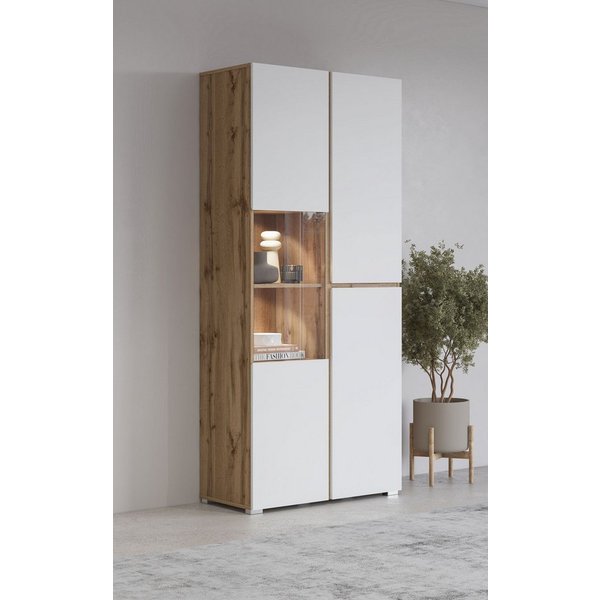 OTTO home Vitrine Cross, Höhe 183,5 cm, moderne grifflose Standvitrine mit 3 Türen Hochschrank mit viel Stauraum, Glastür und verstellbaren Einlegeböden