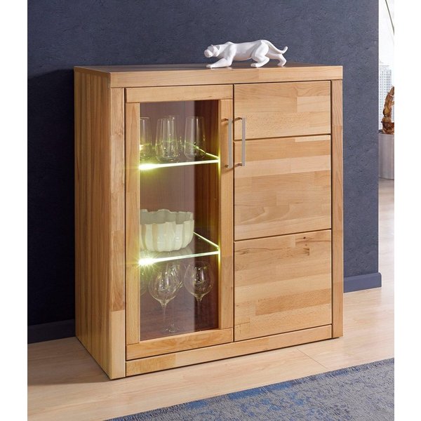 OTTO home Vitrine LOGO75, Einlegeboden verstellbar,1Glastür,1Holztür,Wohnzimmer,Stauraum B/T/H:90/40/100cm,Front massivholz,6 Fächer,Griffe silberfarben, geölt