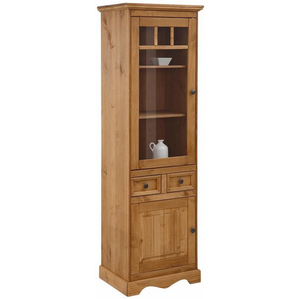 OTTO home Vitrine Melissa Hochschrank mit 2 Türen und 2 Schubläden, Metallknopfgriffe Kiefernholz, natürliche Maserung, 2 Türen, eine davon mit Glaseinsatz