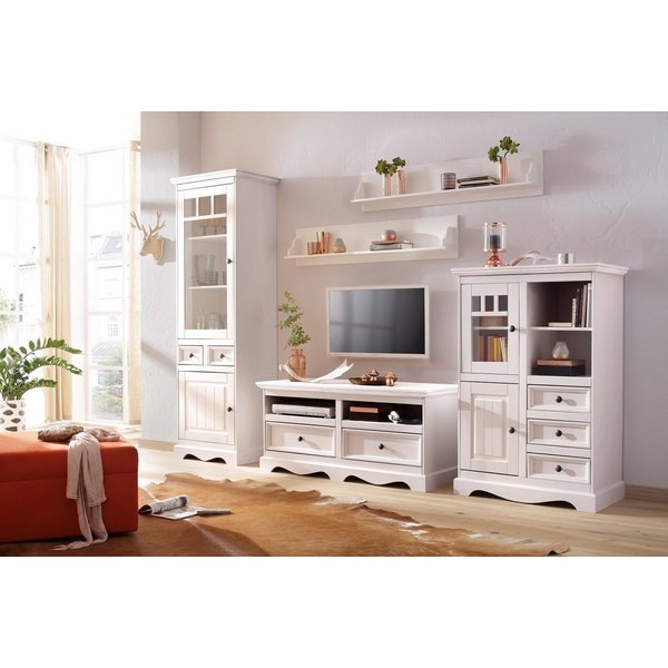 OTTO home Vitrine Melissa Hochschrank mit 2 Türen und 2 Schubläden, Metallknopfgriffe Kiefernholz, natürliche Maserung, 2 Türen, eine davon mit Glaseinsatz