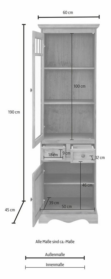 OTTO home Vitrine Melissa Hochschrank mit 2 Türen und 2 Schubläden, Metallknopfgriffe Kiefernholz, natürliche Maserung, 2 Türen, eine davon mit Glaseinsatz – Bild 2 von 2