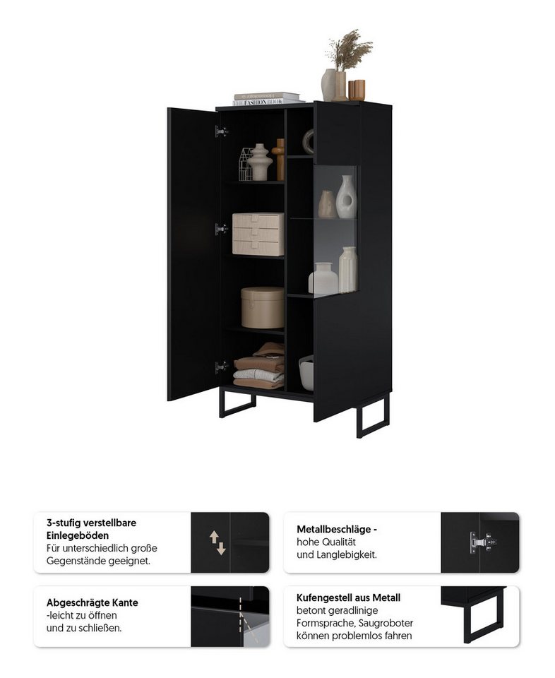 OTTO home Vitrine Modo II, Breite 80 cm, moderner griffloser Vitrineschrank Vitrine viel Stauraum, Einlegeböden verstellbar, Glastür, Metallkufen – Bild 3 von 5