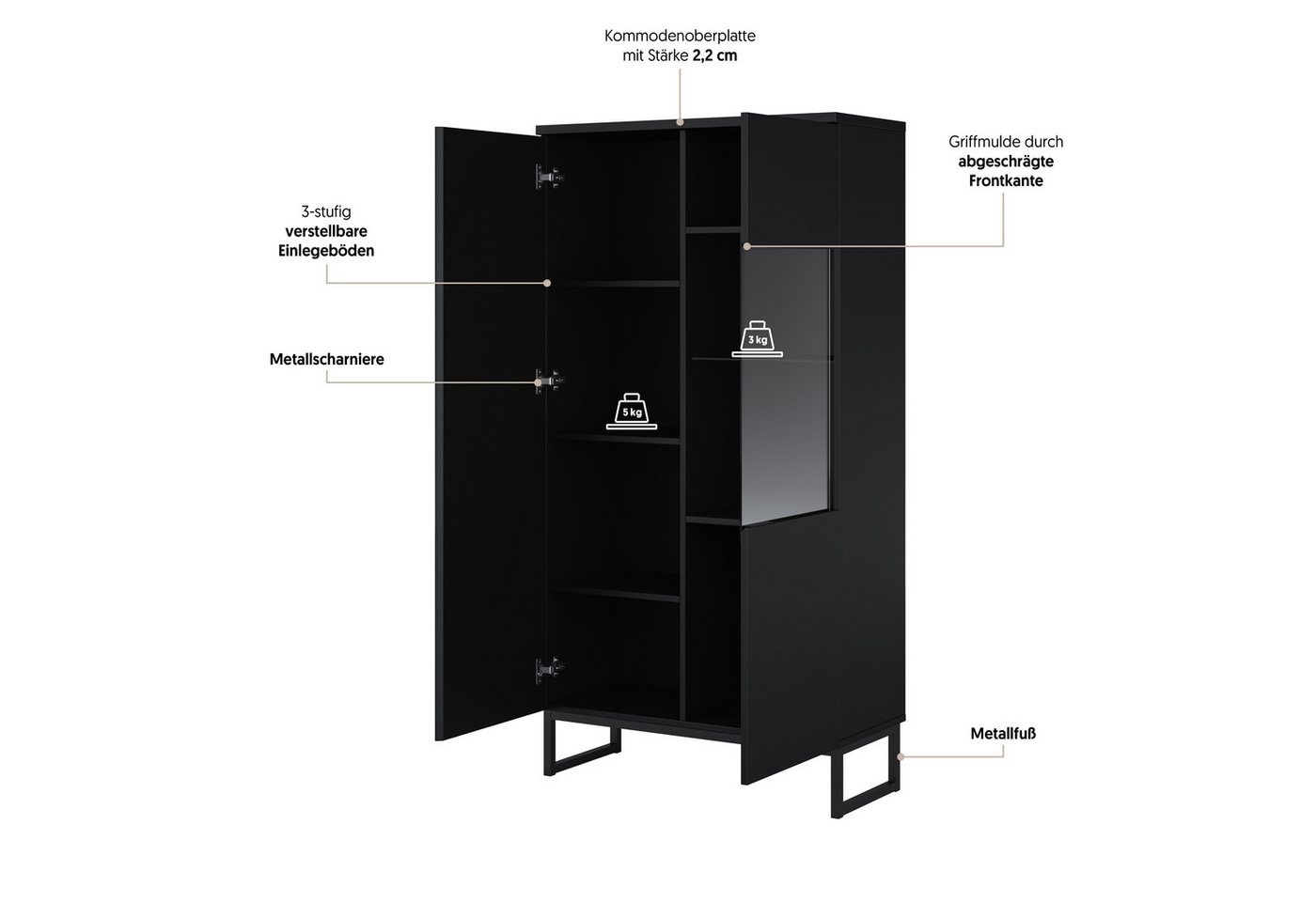 OTTO home Vitrine Modo II, Breite 80 cm, moderner griffloser Vitrineschrank Vitrine viel Stauraum, Einlegeböden verstellbar, Glastür, Metallkufen – Bild 4 von 5