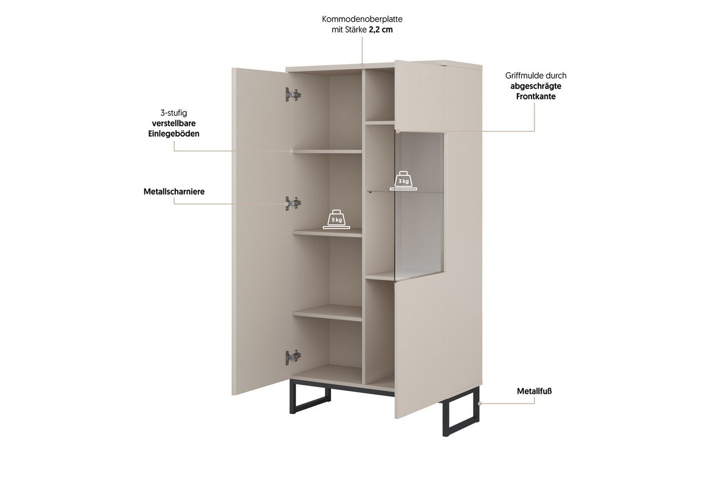OTTO home Vitrine Modo II, Breite 80 cm, moderner griffloser Vitrineschrank Vitrine viel Stauraum, Einlegeböden verstellbar, Glastür, Metallkufen – Bild 4 von 5
