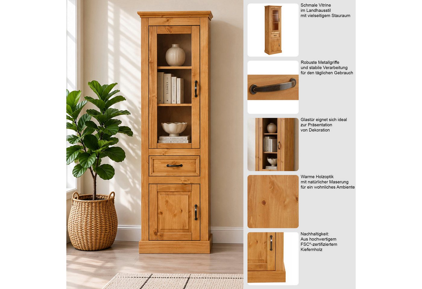 OTTO home Vitrine Selma Hochschrank, 2 Türen, eine davon mit Glaseinsatz und 1 Schublade massives Kiefernholz mit natürlicher Maserung, Metallgriffe 180cm hoch – Bild 3 von 5