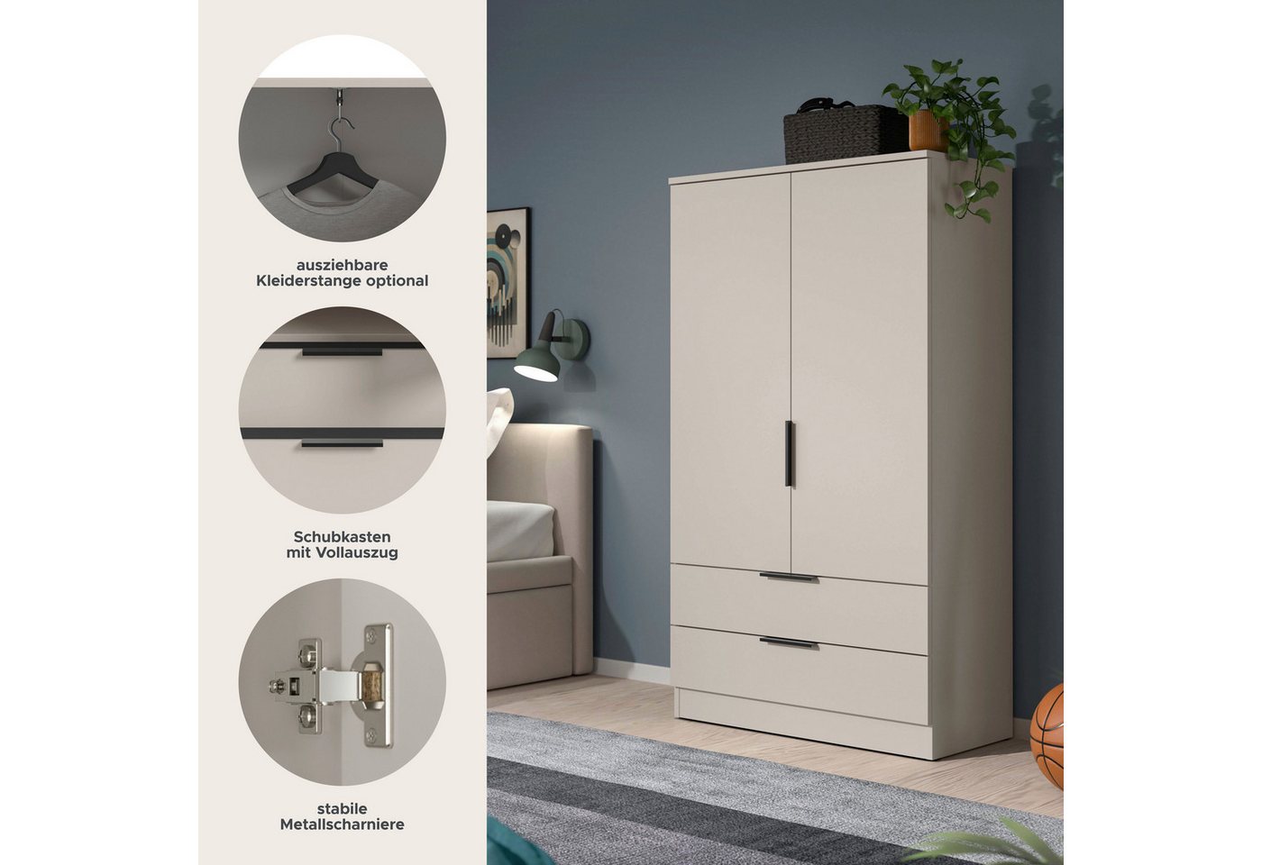 OTTO home Wäscheschrank SKARDE, Kleiderschrank, Schlafzimmerschrank, Schrank (1-St., Höhe: 140 cm, 2 Türen, 2 Schubladen, 1 Kleiderstange) OTTO BESTSELLER, Gard – Bild 2 von 5