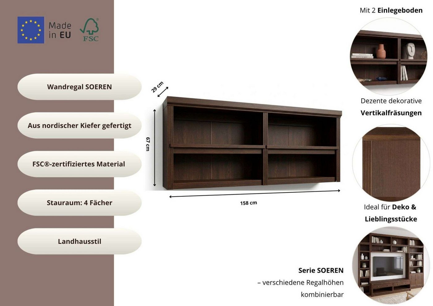 OTTO home Wandregal Soeren, aus massiver Kiefer, 4 offene Fächer, FSC®-zertifiziert – Bild 3 von 5
