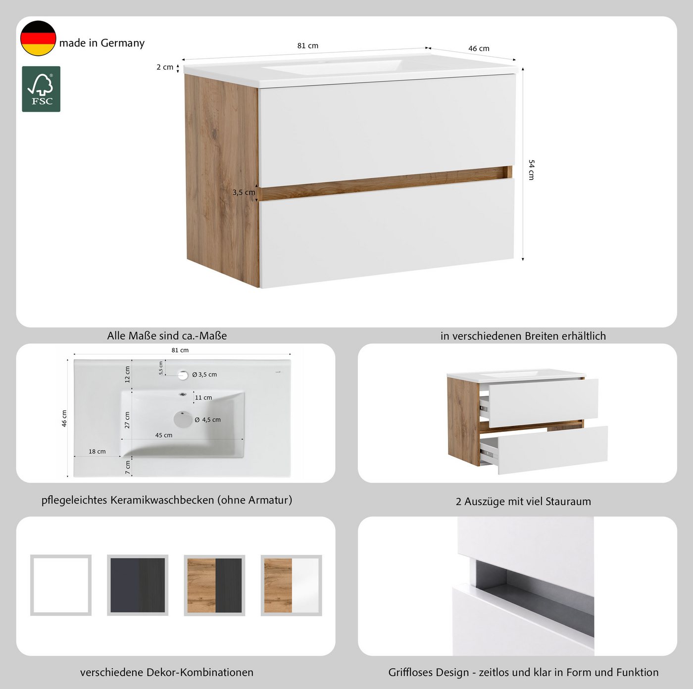 OTTO home Waschtisch BOZEN, 2 Auszüge inklusive Becken und Montagematerial (Badezimmerschrank, grifflos, einfache Montage, Bad-Einrichtung), Maße (B/H/T): ca. 8 – Bild 4 von 5