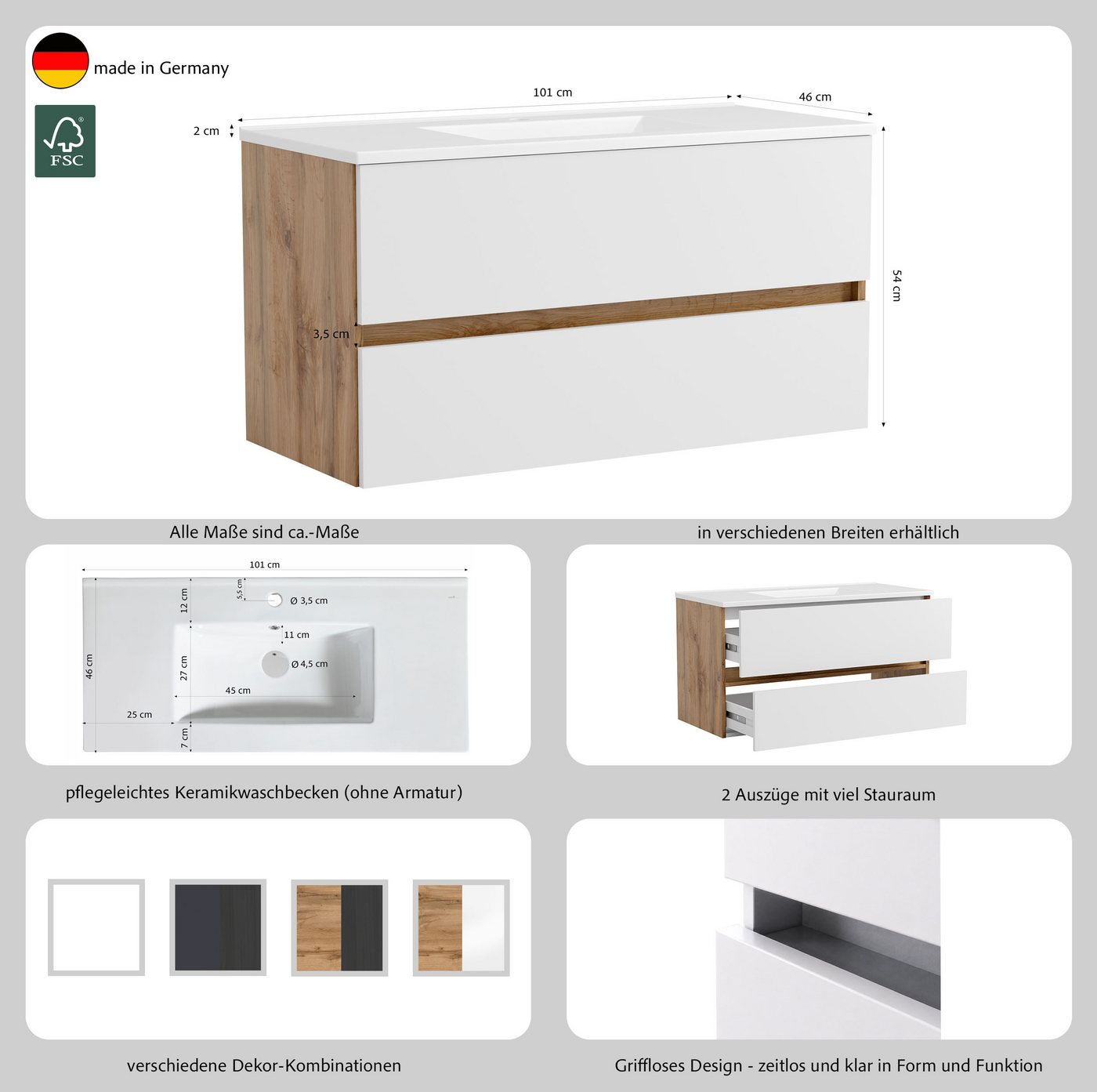 OTTO home Waschtisch BOZEN, 2 Auszüge inklusive Becken und Montagematerial (Badezimmerschrank, grifflos, einfache Montage, Bad-Einrichtung), Maße (B/H/T): ca. 1 – Bild 4 von 5