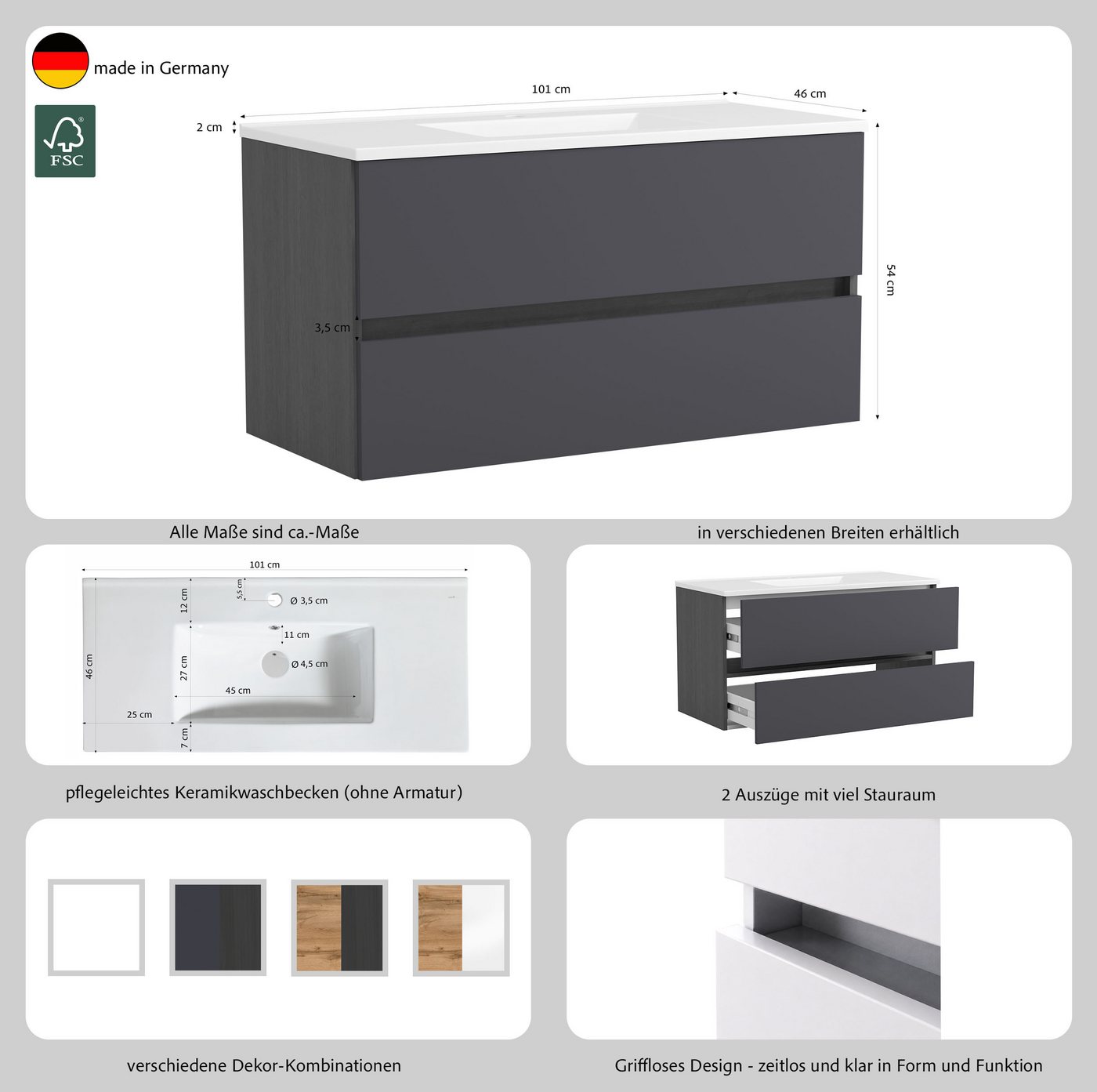 OTTO home Waschtisch BOZEN, 2 Auszüge inklusive Becken und Montagematerial (Badezimmerschrank, grifflos, einfache Montage, Bad-Einrichtung), Maße (B/H/T): ca. 1 – Bild 4 von 5