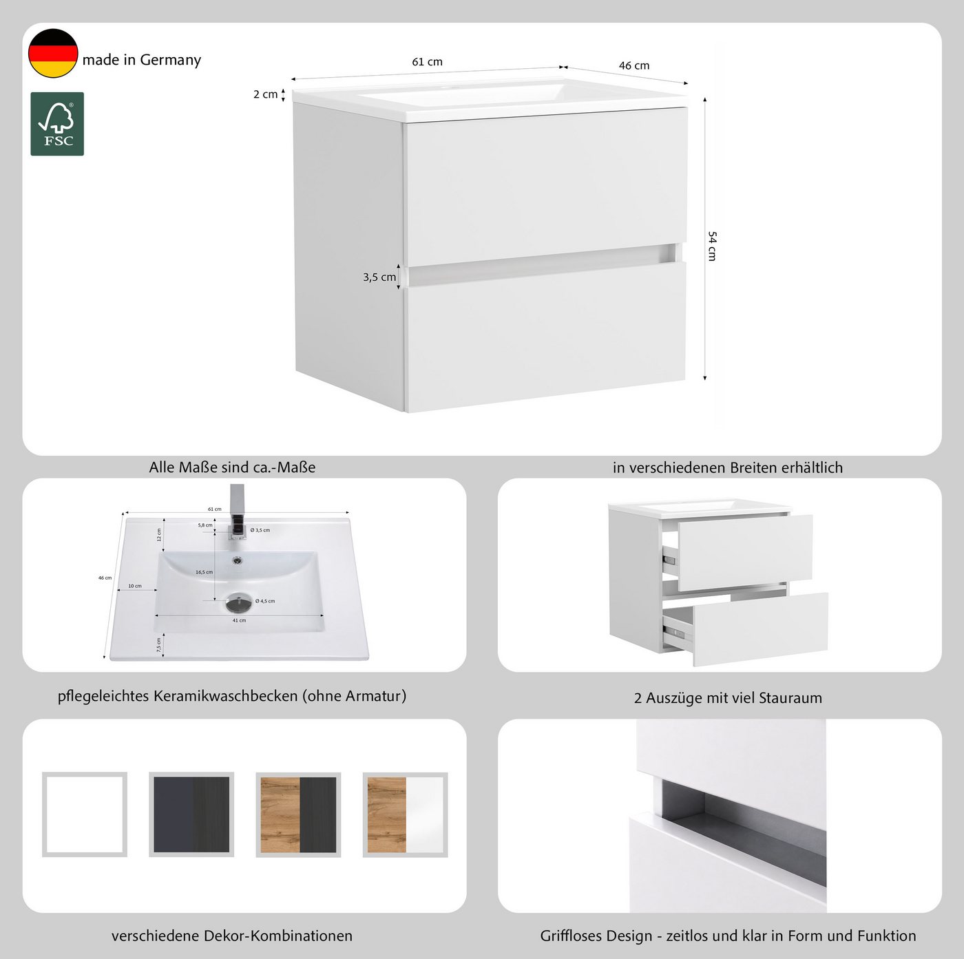 OTTO home Waschtisch BOZEN, 2 Auszüge inklusive Becken und Montagematerial (Badezimmerschrank, grifflos, einfache Montage, Bad-Einrichtung), Maße (B/H/T): ca. 6 – Bild 4 von 5