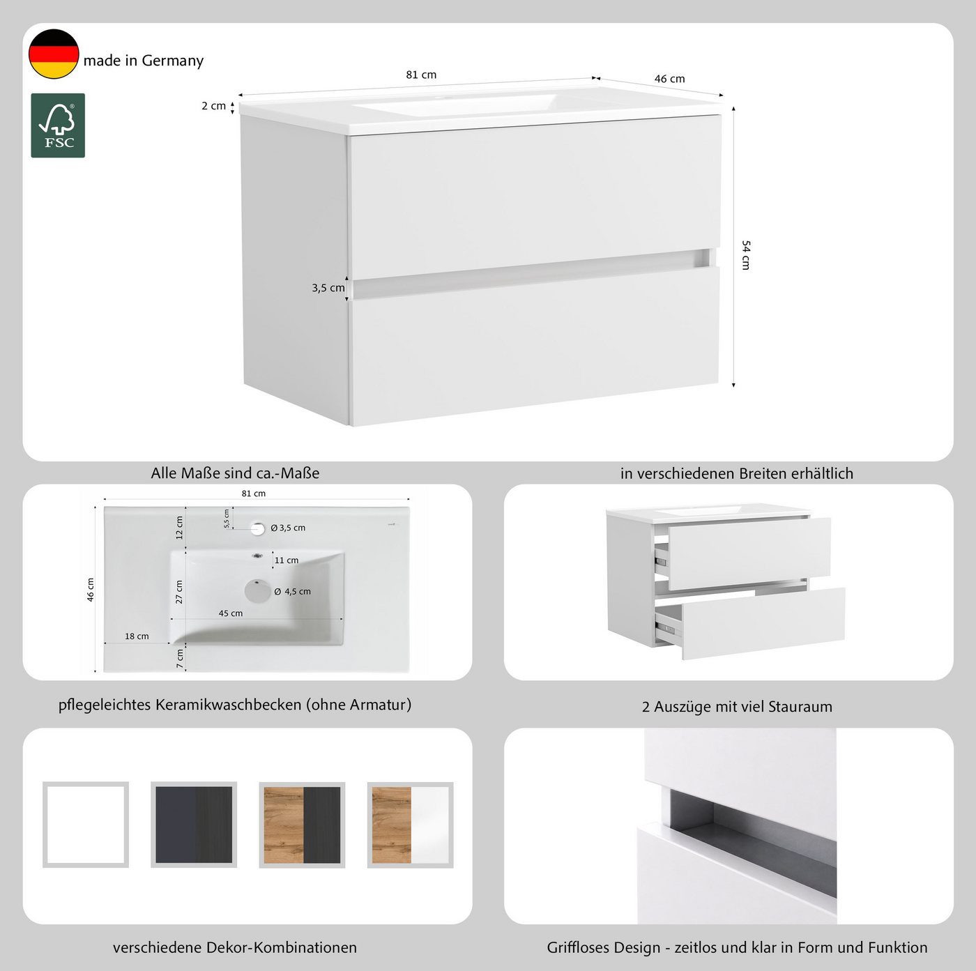 OTTO home Waschtisch BOZEN, 2 Auszüge inklusive Becken und Montagematerial (Badezimmerschrank, grifflos, einfache Montage, Bad-Einrichtung), Maße (B/H/T): ca. 8 – Bild 4 von 5