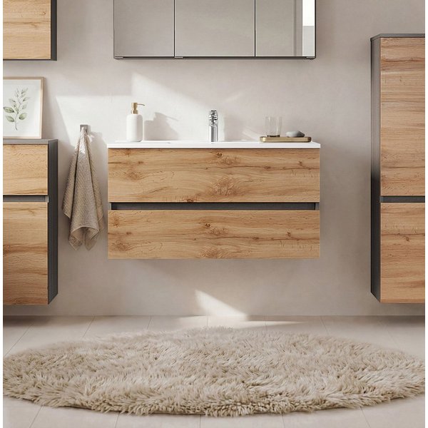 OTTO home Waschtisch BOZEN, 2 Auszüge inklusive Becken und Montagematerial (Badezimmerschrank, grifflos, einfache Montage, Bad-Einrichtung), Maße (B/H/T): ca. 1