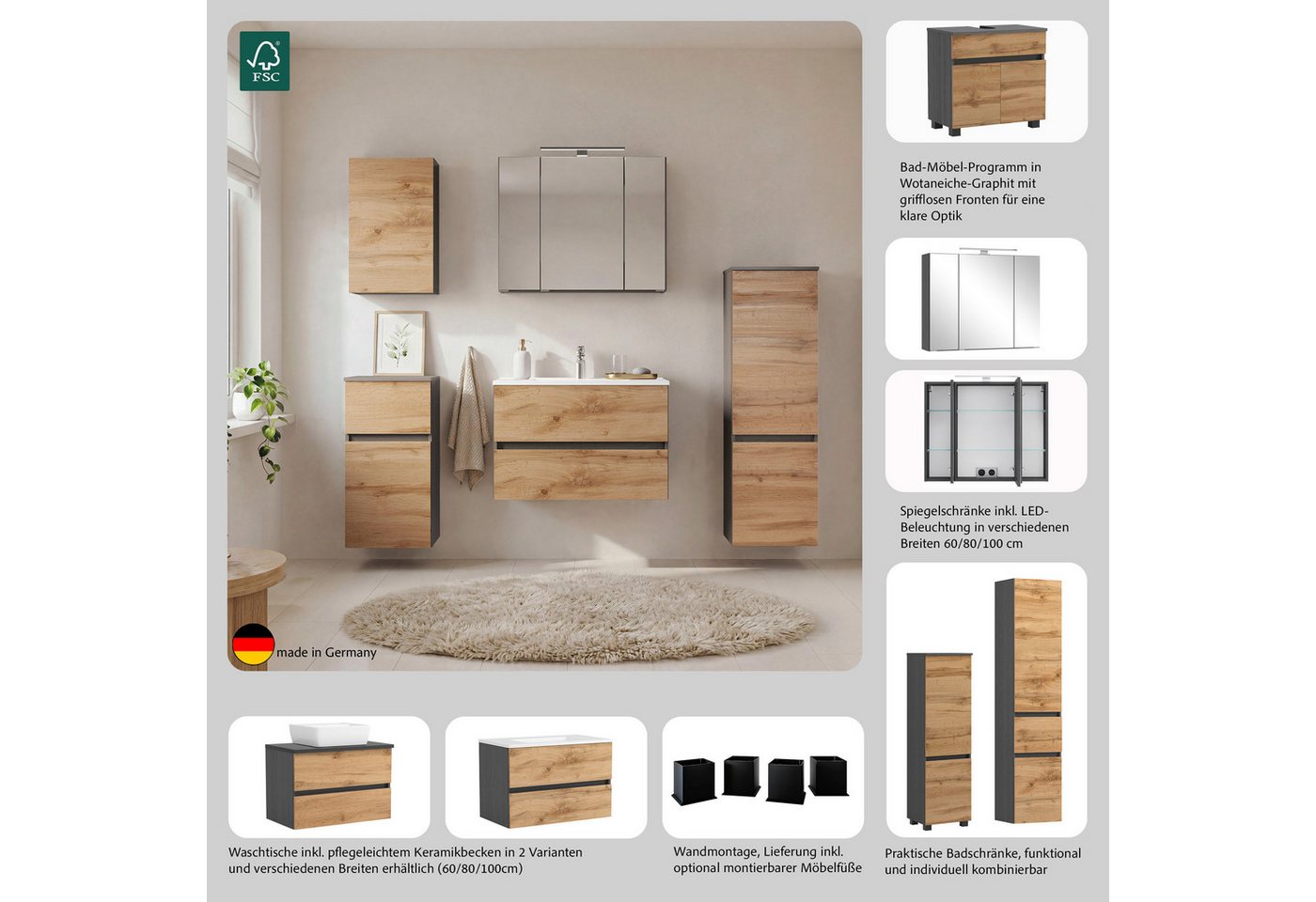 OTTO home Waschtisch BOZEN, 2 Auszüge inklusive Becken und Montagematerial (Badezimmerschrank, grifflos, einfache Montage, Bad-Einrichtung), Maße (B/H/T): ca. 1 – Bild 3 von 5