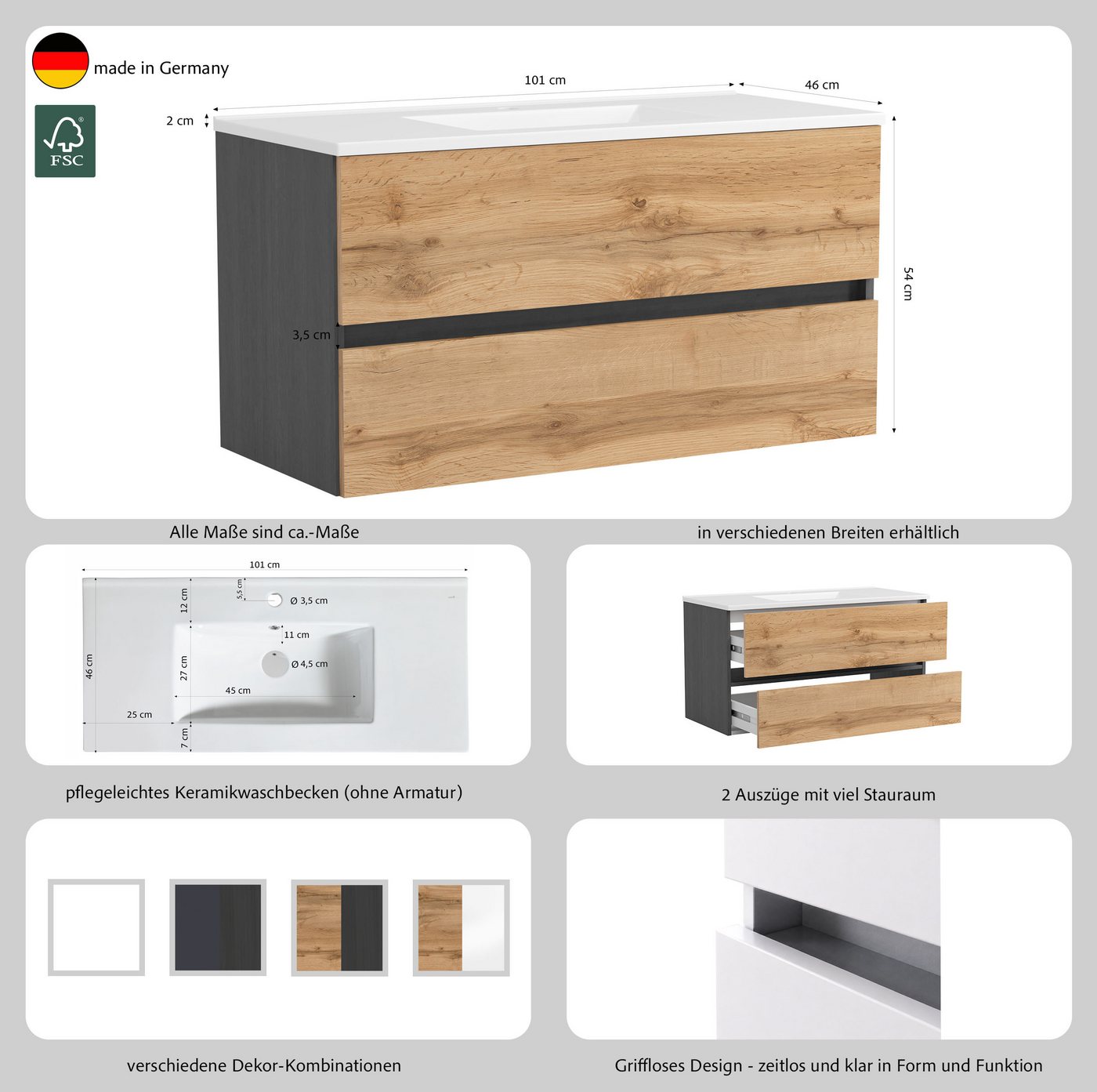 OTTO home Waschtisch BOZEN, 2 Auszüge inklusive Becken und Montagematerial (Badezimmerschrank, grifflos, einfache Montage, Bad-Einrichtung), Maße (B/H/T): ca. 1 – Bild 4 von 5