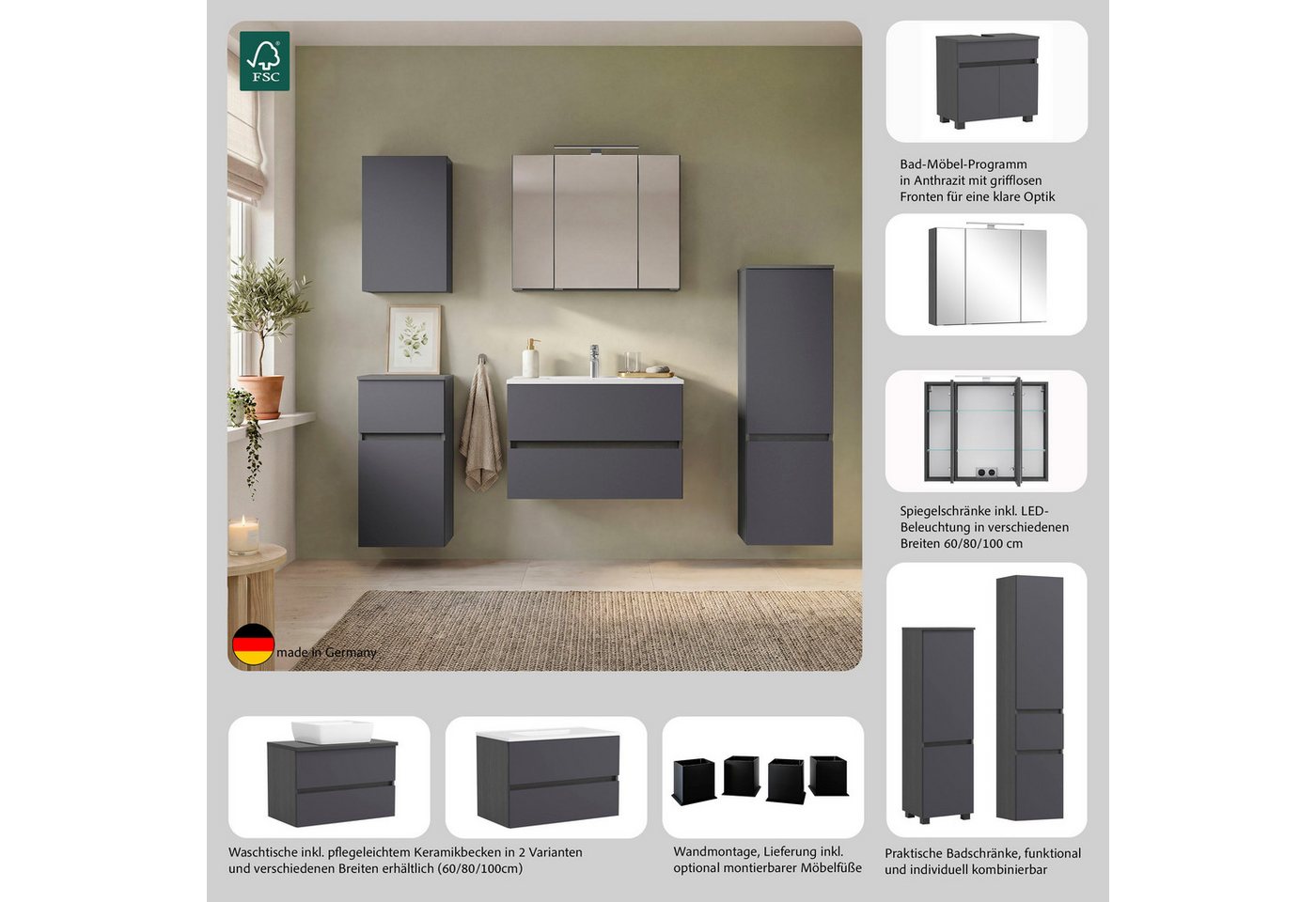 OTTO home Waschtisch BOZEN, 2 Auszüge inklusive Becken und Montagematerial (Badezimmerschrank, grifflos, einfache Montage, Bad-Einrichtung), Maße (B/H/T): ca. 6 – Bild 3 von 5