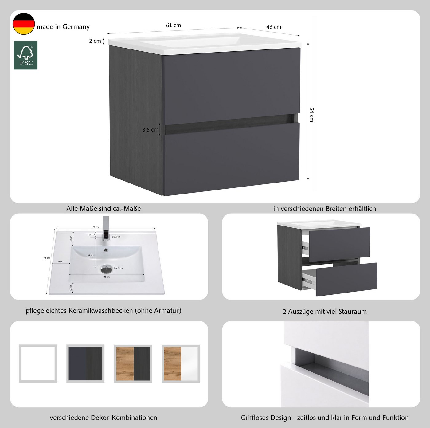 OTTO home Waschtisch BOZEN, 2 Auszüge inklusive Becken und Montagematerial (Badezimmerschrank, grifflos, einfache Montage, Bad-Einrichtung), Maße (B/H/T): ca. 6 – Bild 4 von 5