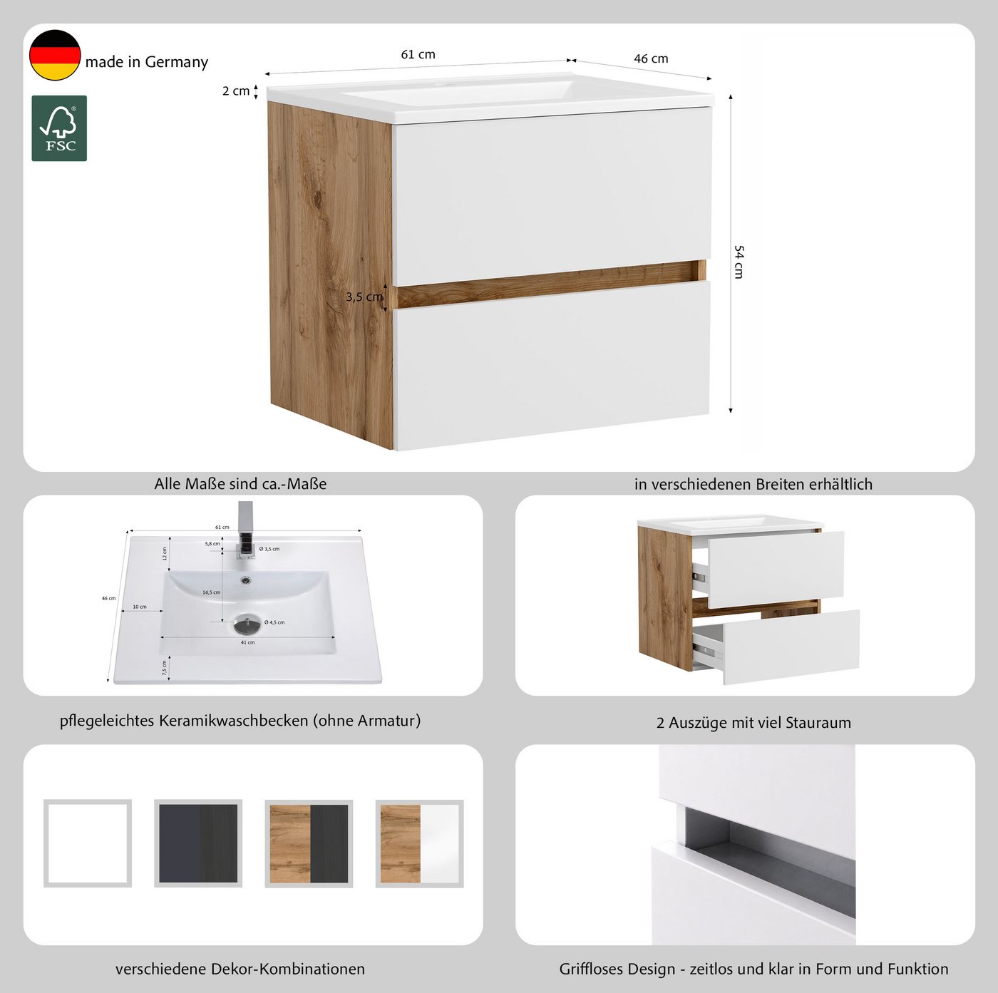 OTTO home Waschtisch BOZEN, 2 Auszüge inklusive Becken und Montagematerial (Badezimmerschrank, grifflos, einfache Montage, Bad-Einrichtung), Maße (B/H/T): ca. 6 – Bild 4 von 5