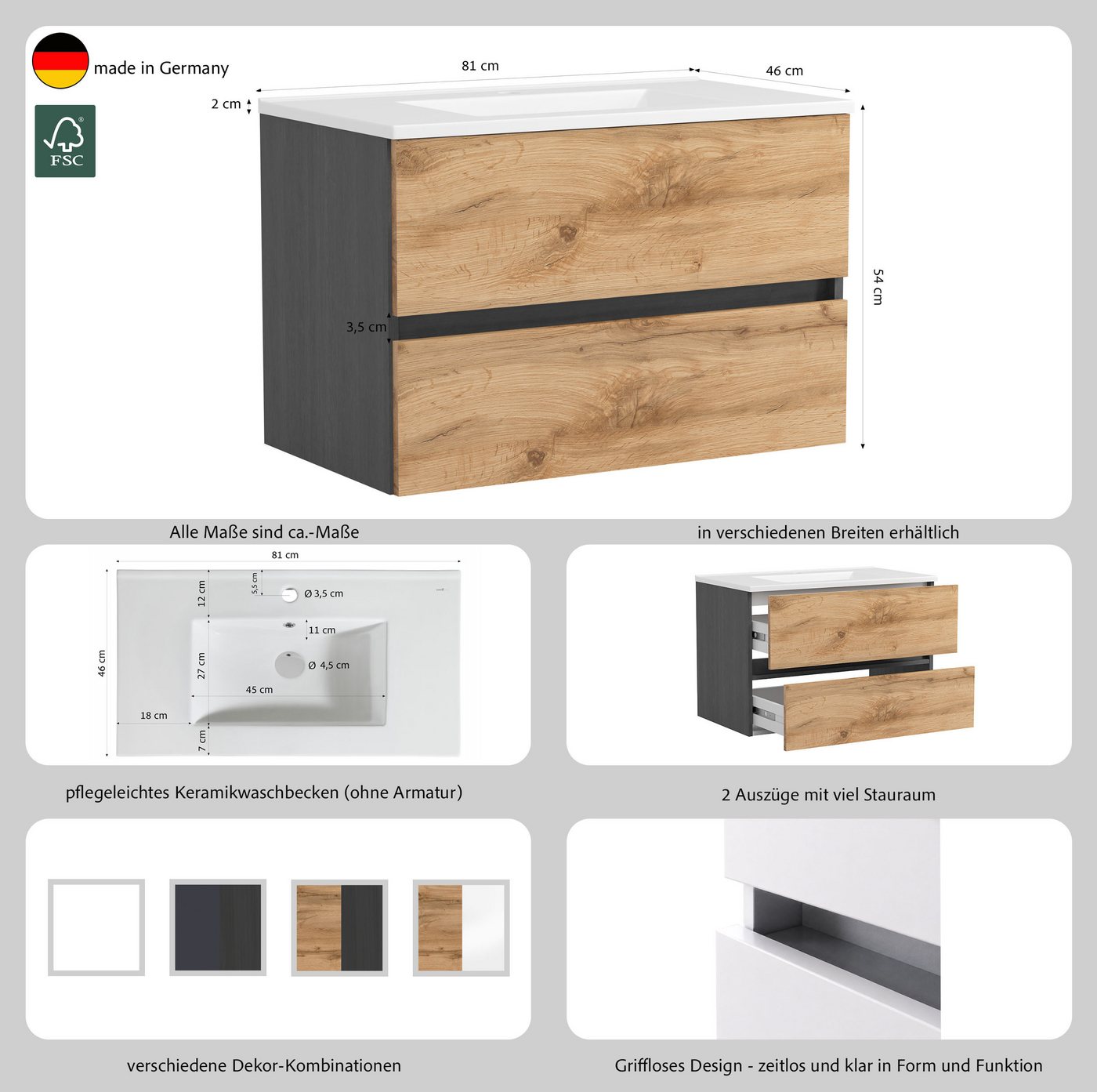 OTTO home Waschtisch BOZEN, 2 Auszüge inklusive Becken und Montagematerial (Badezimmerschrank, grifflos, einfache Montage, Bad-Einrichtung), Maße (B/H/T): ca. 8 – Bild 4 von 5