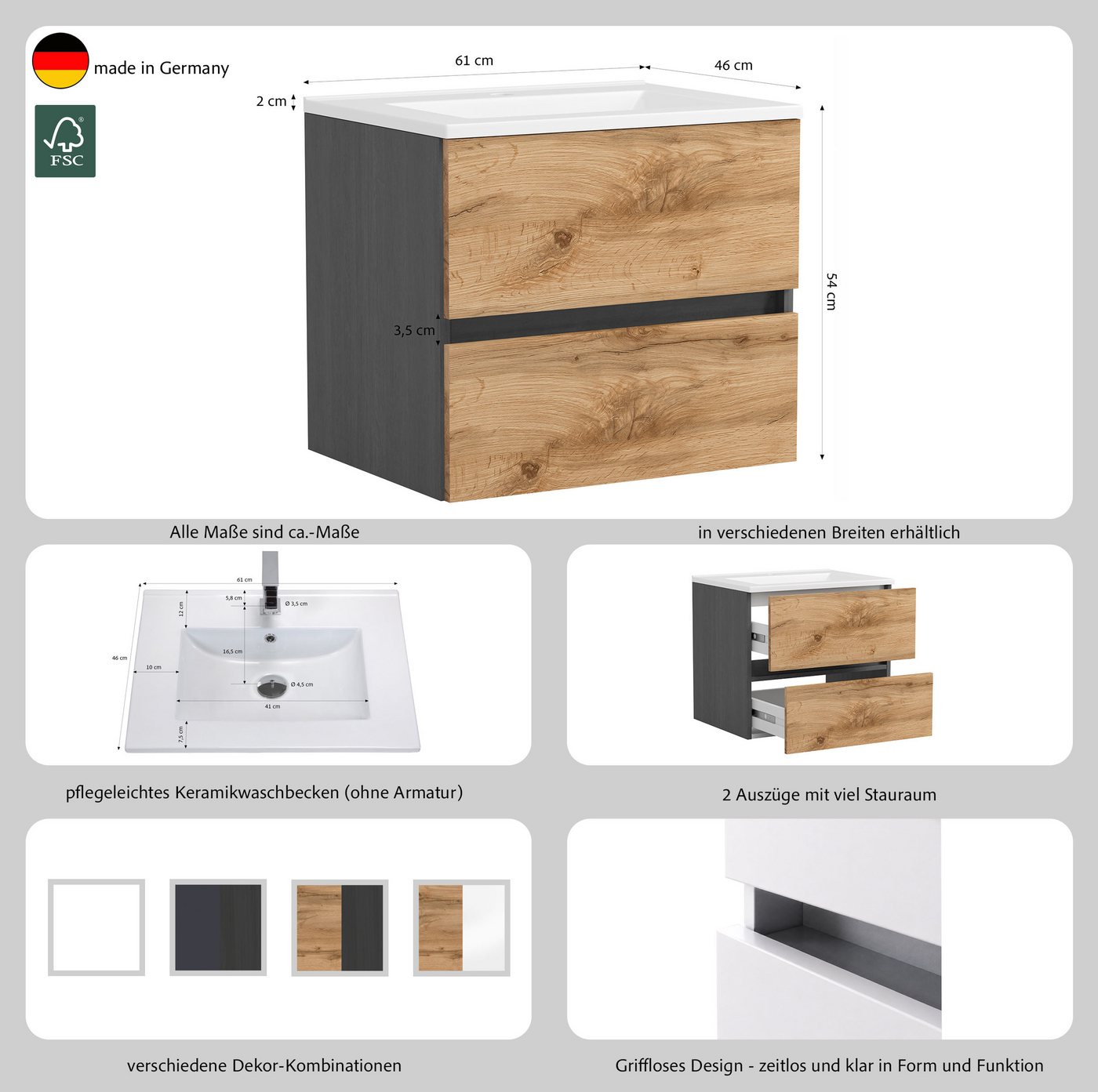 OTTO home Waschtisch BOZEN, 2 Auszüge inklusive Becken und Montagematerial (Badezimmerschrank, grifflos, einfache Montage, Bad-Einrichtung), Maße (B/H/T): ca. 6 – Bild 4 von 5