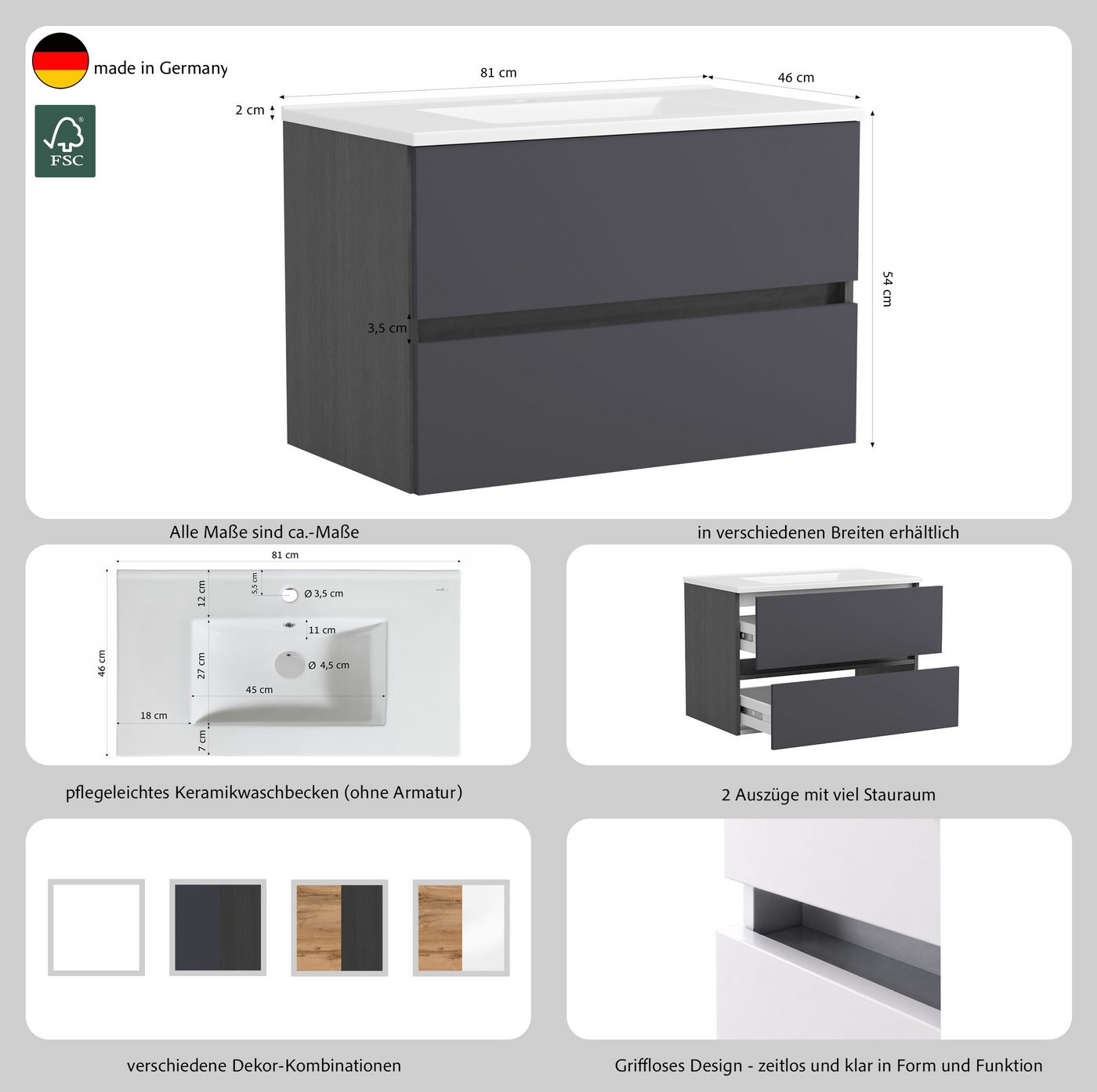 OTTO home Waschtisch BOZEN, 2 Auszüge inklusive Becken und Montagematerial (Badezimmerschrank, grifflos, einfache Montage, Bad-Einrichtung), Maße (B/H/T): ca. 8 – Bild 4 von 5