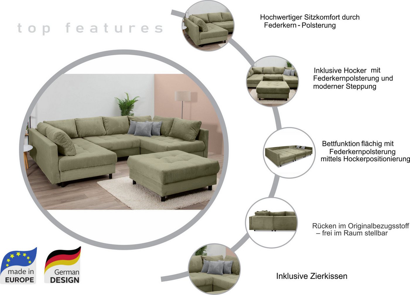 OTTO home Wohnlandschaft Antonia U-Form, B: 298 cm, inkl. Hocker, Federkernpolsterung, extra große Liegefläche, 282x178cm, inkl. 3 Zierkissen – Bild 3 von 5