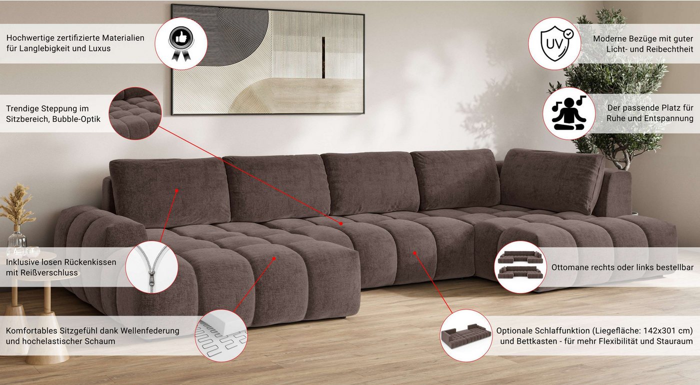 OTTO home Wohnlandschaft AZITA U-Form, Breite 363 cm - OTTO. Verlässliche Qualität., wahlweise als Schlafsofa mit Bettkasten, Bubble-Optik – Bild 3 von 5