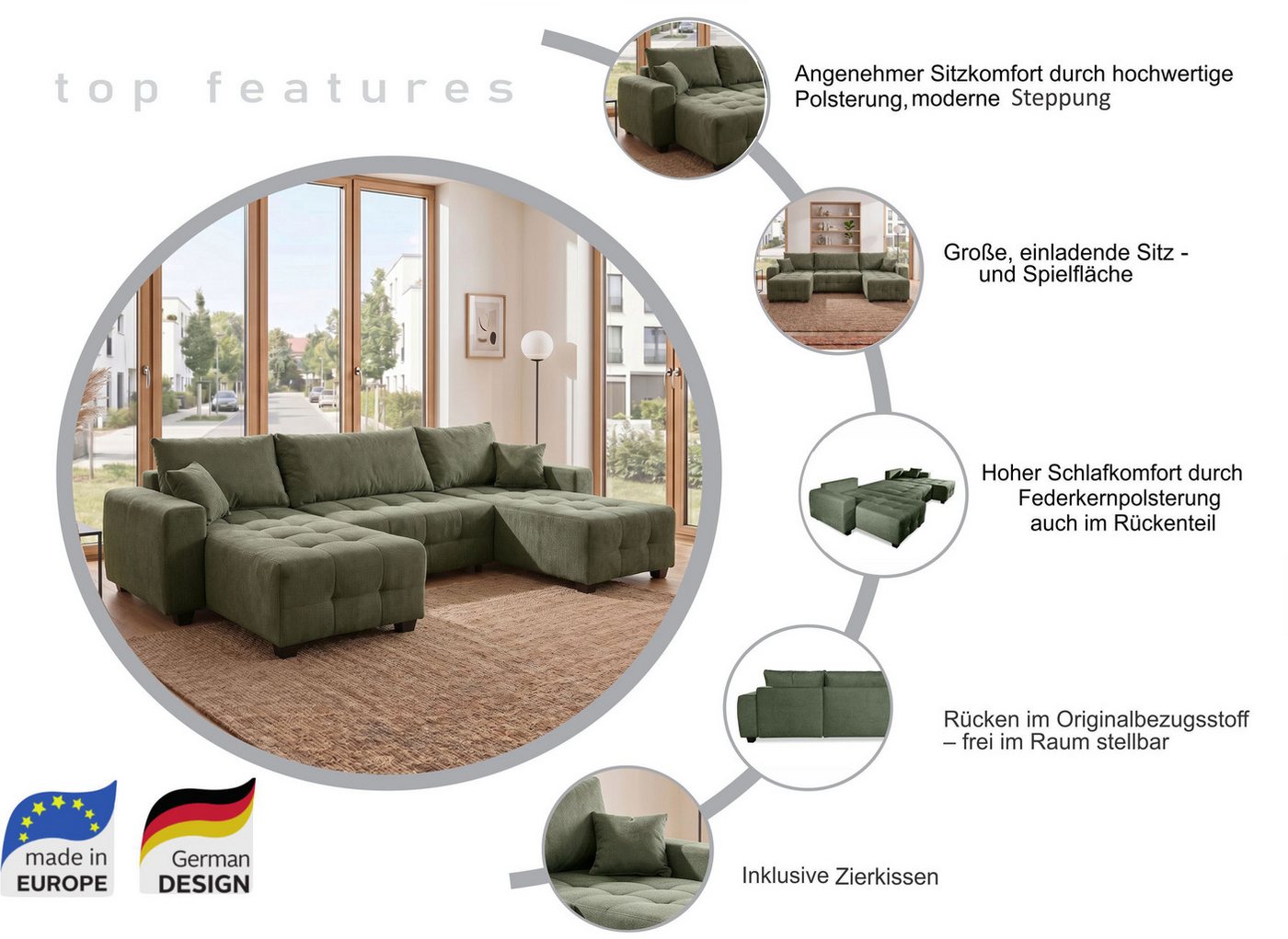 OTTO home Wohnlandschaft Bella U-Form, B: 314 cm, inkl. Schlaffunktion, auch in Cord, inkl. Bettkasten, Bonellfederkern, extra große Liegefläche: 269x135cm – Bild 3 von 5